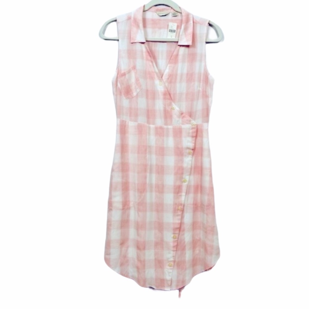 NWT Anthropologie Pink White Gingham Sleeveless Shirt Dress Faux Wrap Sundress